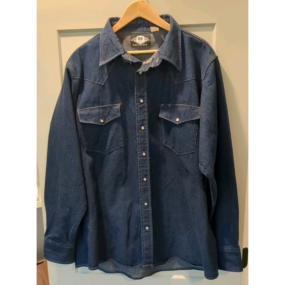 VTG BB Brand Men's 100% Cotton Made In USA Denim Pearl Snap Shirt‎ 19L/XXL
